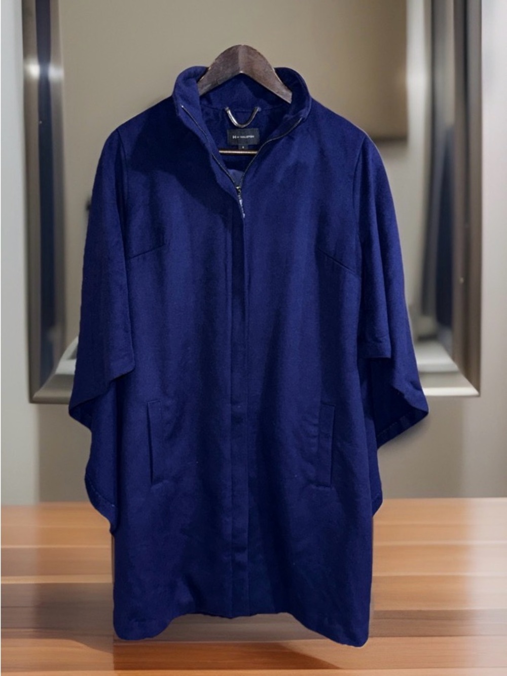 NWOT H by Halston Wool Blend Deep Blue Zip-Front Cape Jacket-S